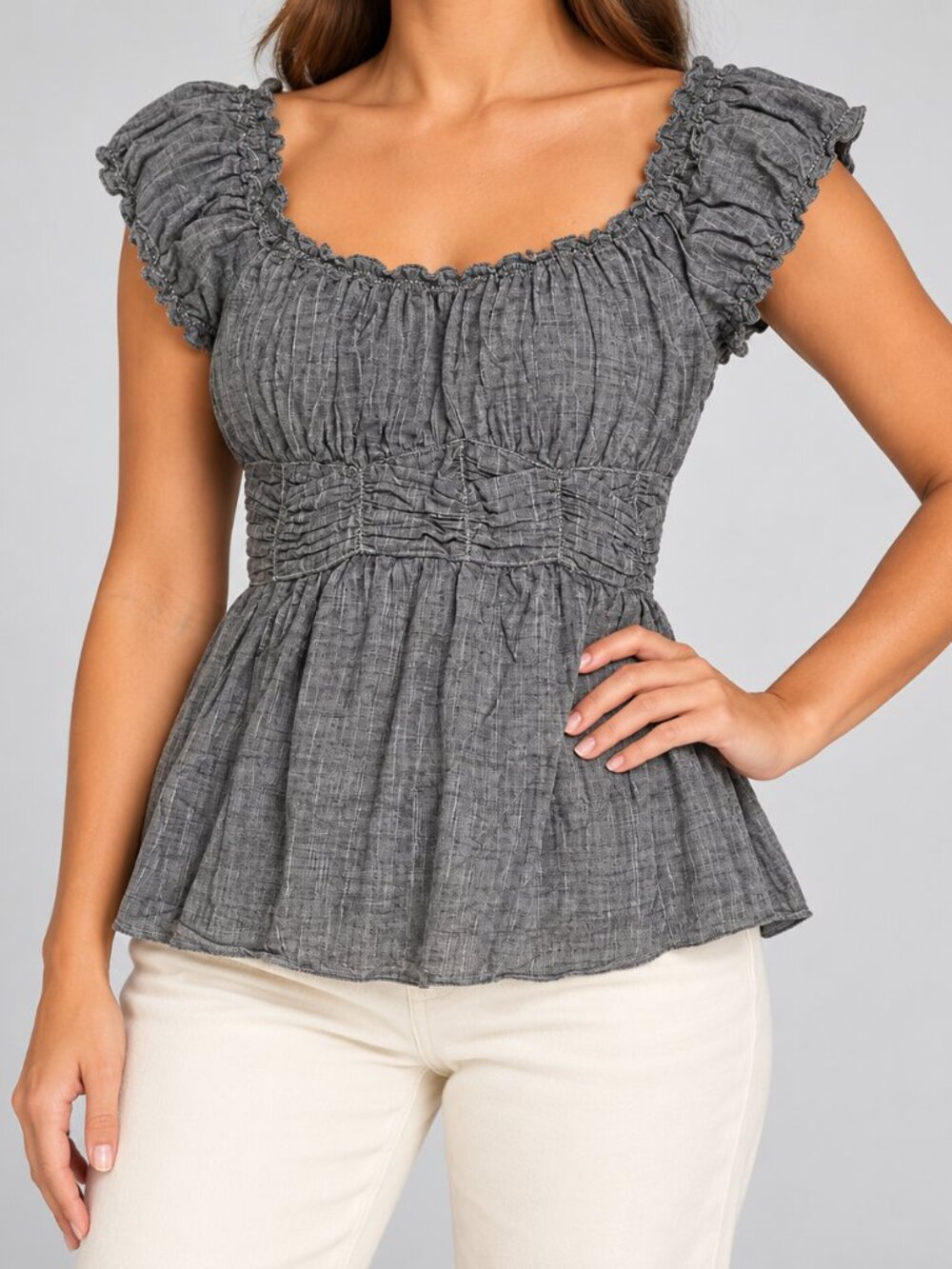 Grey Ruched Flutter Sleeve Cotton Peplum Top
